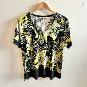 Joan Vass Women’s Short Sleeve Mutli Print Blouse Flowy Sheer Trim Medium NWT